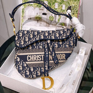 Christian Dior Blue Oblique Embroidery Saddle Bag