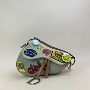 Christian Dior Light Blue Multicolor Limited Edition Speedway Denim Saddle Vintage Bag