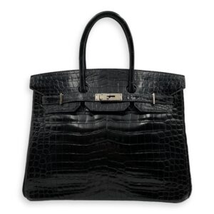 Birkin 35 Black in Shiny Porosus, Palladium hardware