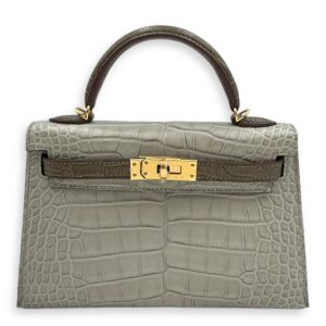 HSS Sellier Kelly 20 Gris Perle/Gris Elephant in Matte Alligator, Gold hardware