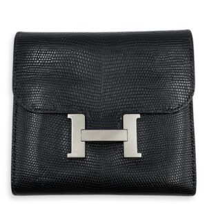 Constance Compact Black Wallet in Lizard Varanus Niloticus, Palladium hardware