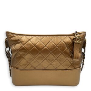 Quilted Gabrielle Metallic Gold Top Handle Bag in Distressed Leather, Tri tone hardware