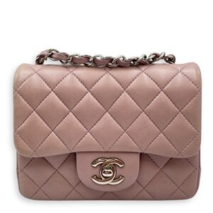 Square Mini Pink Flap Bag in Calfskin, Silver hardware