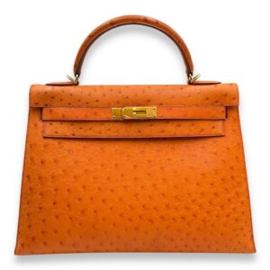 Sellier Kelly 32 Orange in Ostrich, Gold hardware