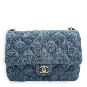 CC Adjustable Heart Pearl Crush Chain Light Blue Flap Bag in Denim, Silver hardware