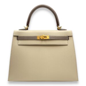 HSS Sellier Kelly 25 Craie/Gris Asphalt in Epsom, Brushed Gold hardware