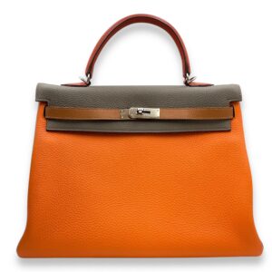 Kelly Arlequin 35 Orange/Etain/Gold/Blue in Clemence, Palladium hardware