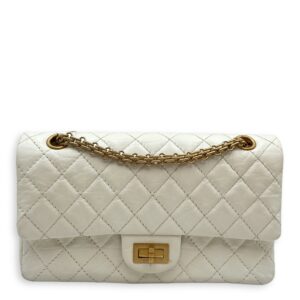 Reissue 2.55 White Flap Bag in Distressed Leather, Gold hardware