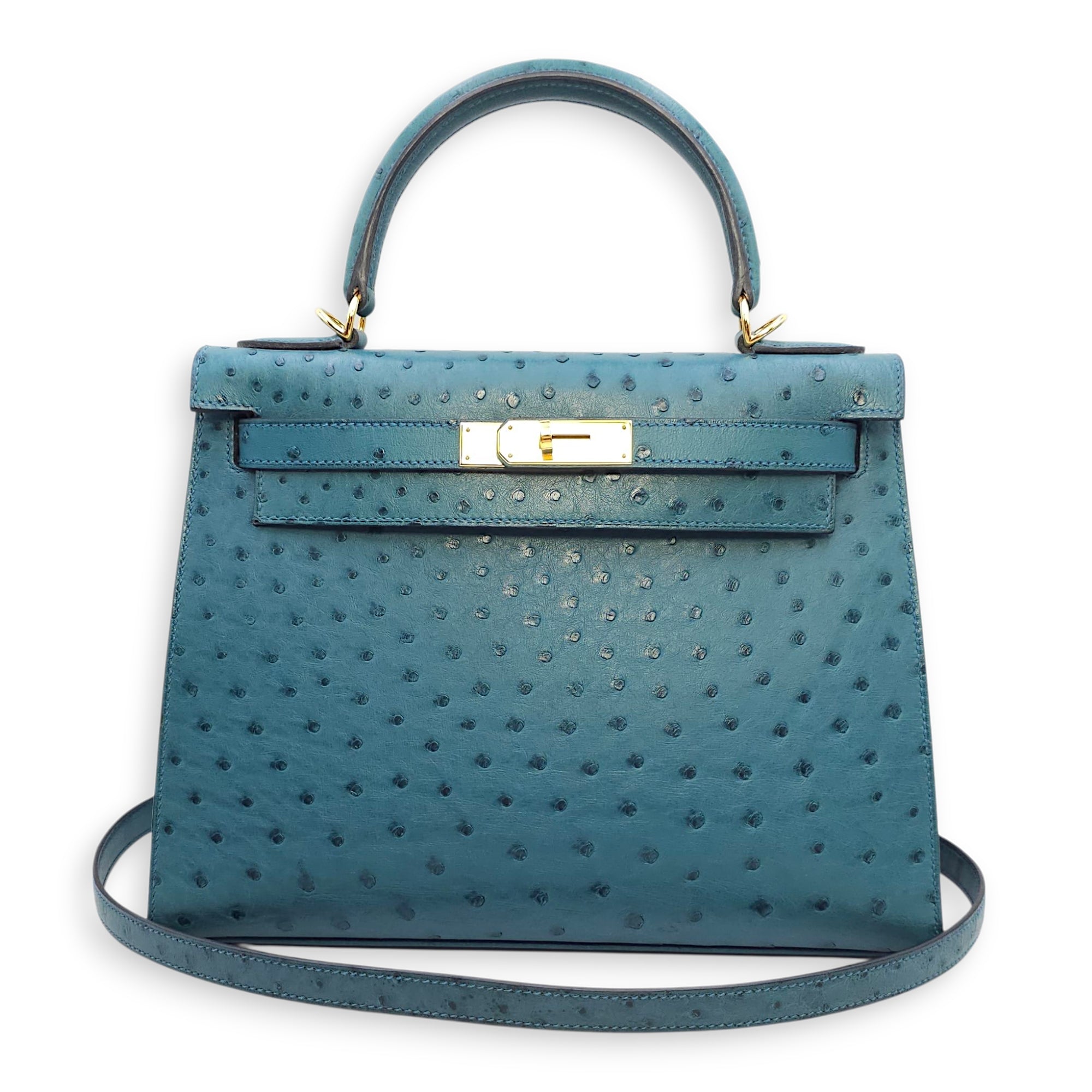 Sellier Kelly 28 Blue Cobalt in Ostrich, Gold hardware - Image 15