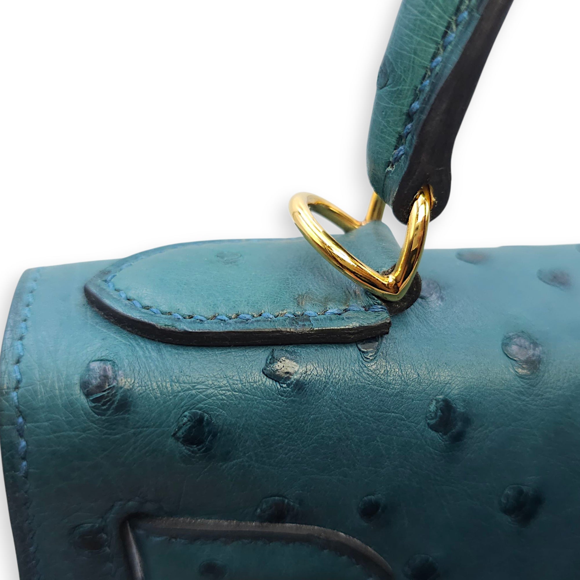 Sellier Kelly 28 Blue Cobalt in Ostrich, Gold hardware - Image 11