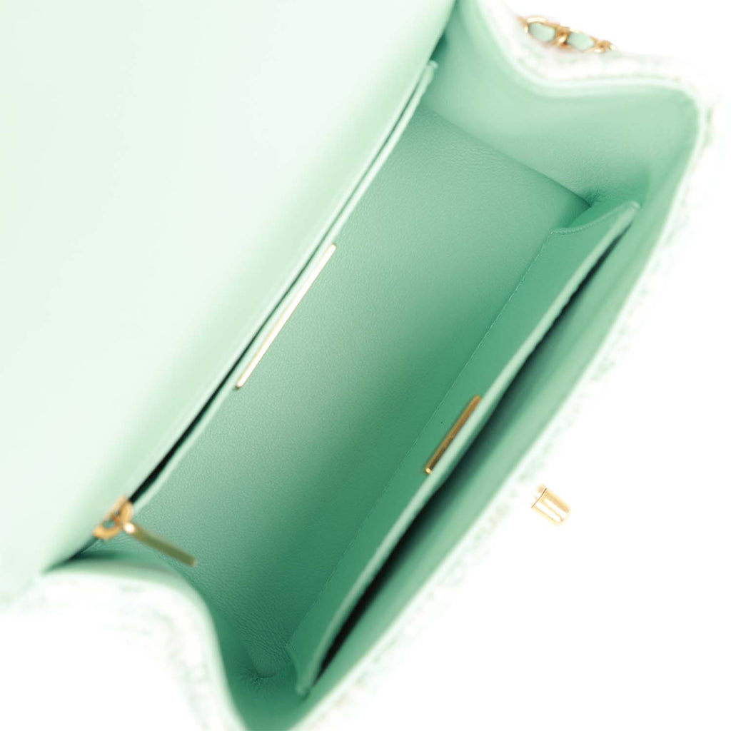 Chanel Mini Square Flap with Top Handle Turquoise and Ecru Tweed Antique Gold Hardware - Image 9