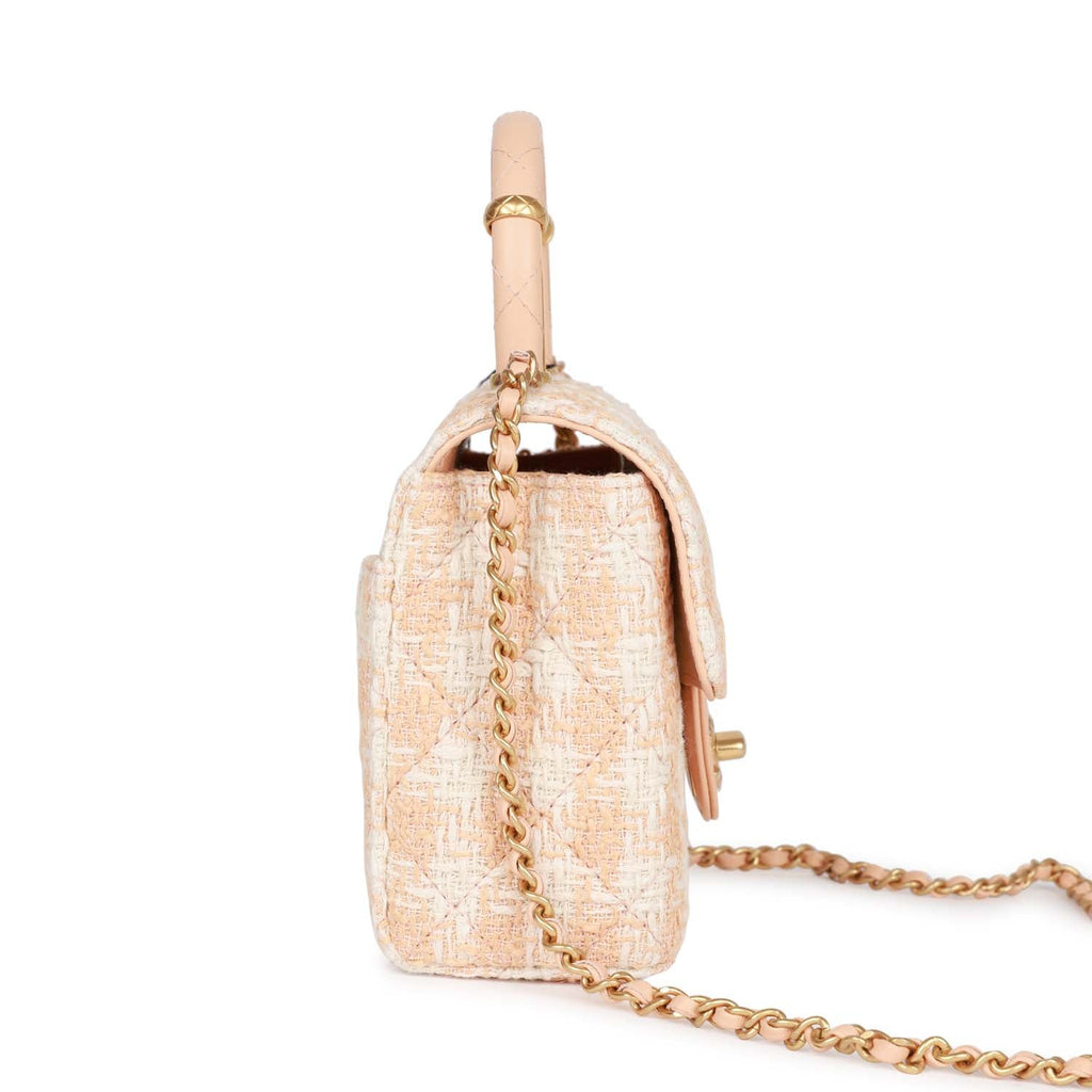 Chanel Mini Square Flap with Top Handle Light Orange and Ecru Tweed Antique Gold Hardware - Image 4