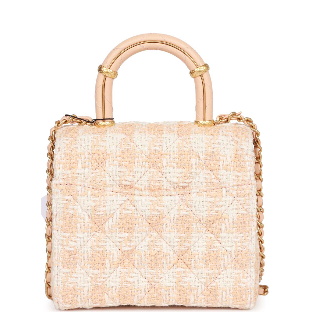Chanel Mini Square Flap with Top Handle Light Orange and Ecru Tweed Antique Gold Hardware - Image 5