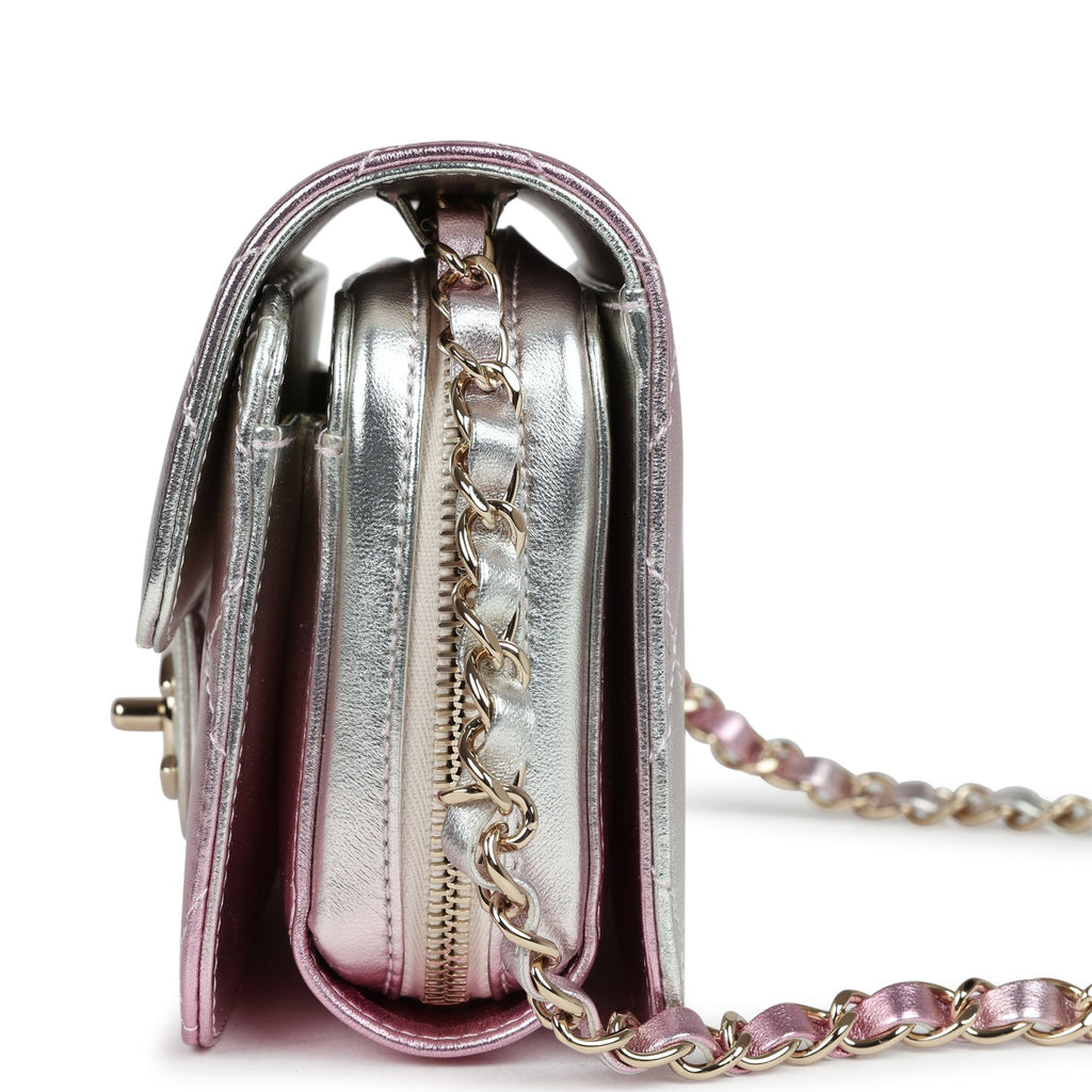 Chanel Mini Flap Bag Pink and Silver Metallic Lambskin Light Gold Hardware - Image 6