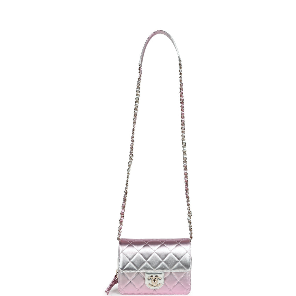 Chanel Mini Flap Bag Pink and Silver Metallic Lambskin Light Gold Hardware - Image 9