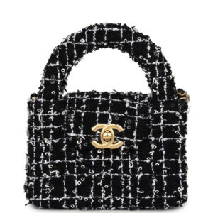 Chanel Nano Kelly Shopper Black, White & Silver Sequin Tweed Brushed Gold Hardware