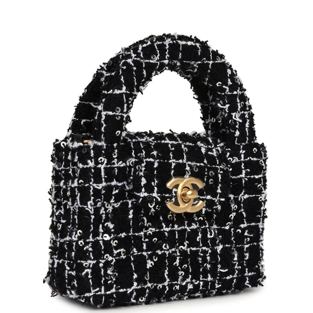 Chanel Nano Kelly Shopper Black, White & Silver Sequin Tweed Brushed Gold Hardware - Image 3