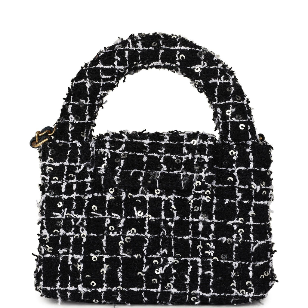 Chanel Nano Kelly Shopper Black, White & Silver Sequin Tweed Brushed Gold Hardware - Image 5