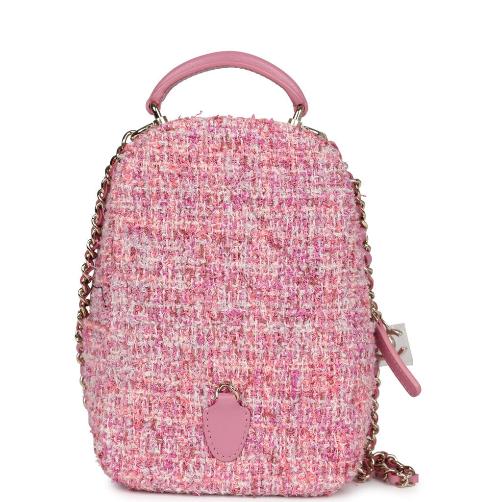 Chanel Mini Phone Holder Backpack with Chain Pink Multicolor Tweed Light Gold Hardware - Image 7