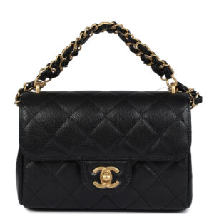 Chanel Mini Top Handle Flap Bag Black Grained Calfskin Brushed Gold Hardware