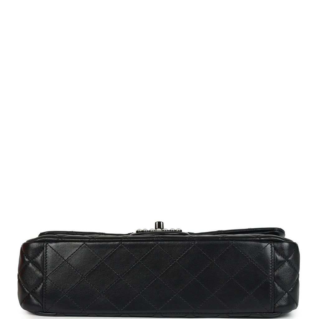 Chanel Large Double Flap Bag with Pearl Cut Out Handle Black Shiny Lambskin Black Hardware - Image 7
