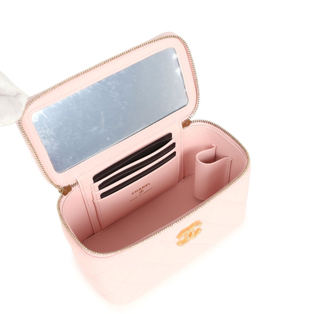 Chanel Small CC Vanity Case Light Pink Caviar Faux Pearls Brushed Gold Hardware - Image 10