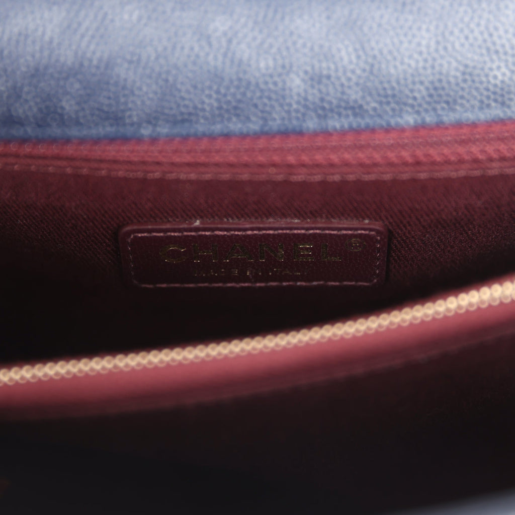 Pre-owned Chanel Medium Coco Top Handle Navy Blue Chevron Caviar Antique Gold Hardware - Image 11