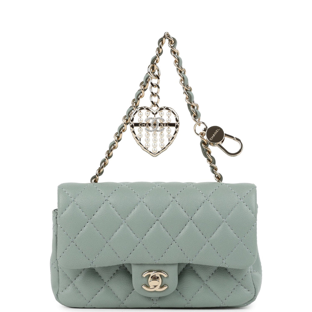 Chanel Nano Classic Double Flap Bag Charm Dark Green Lambskin Light Gold Hardware - Image 8