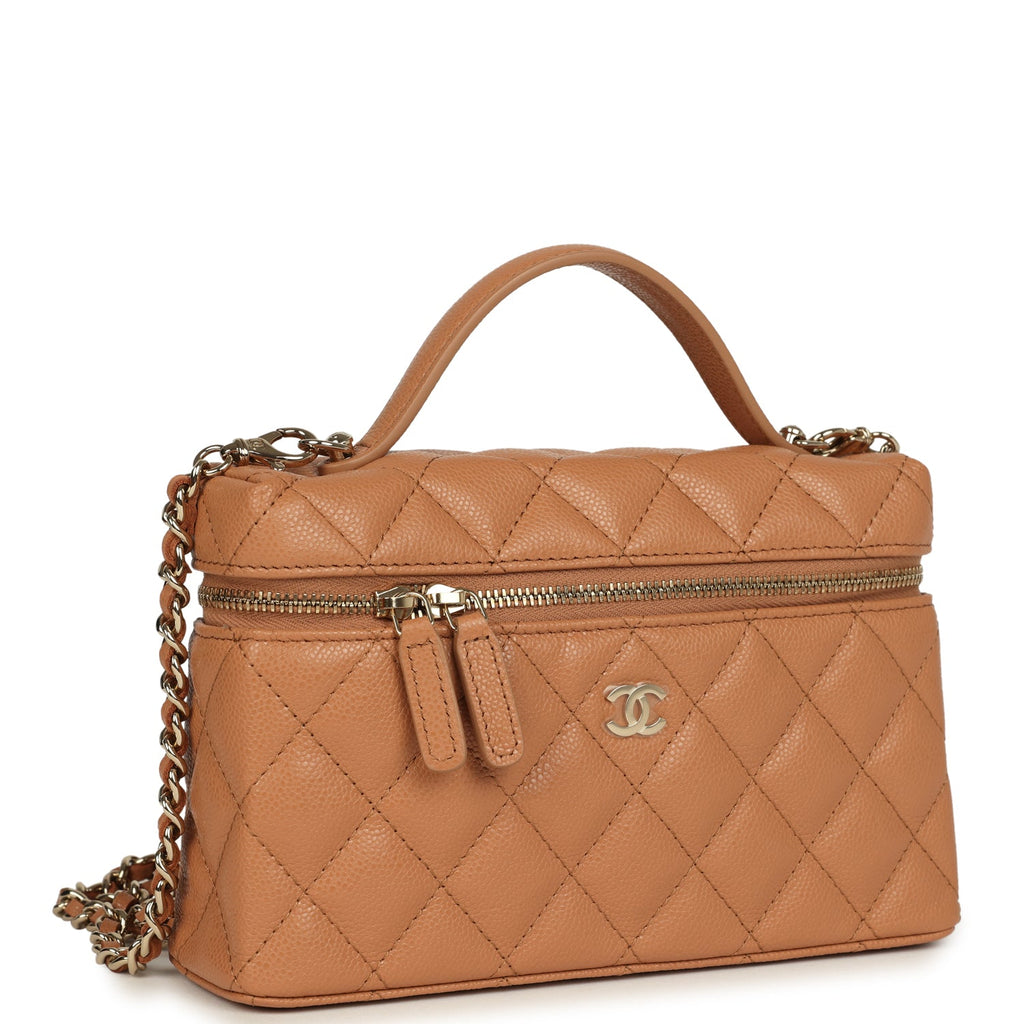 Chanel Top Handle Long Vanity Case with Chain Dark Beige Shiny Caviar Light Gold Hardware - Image 3