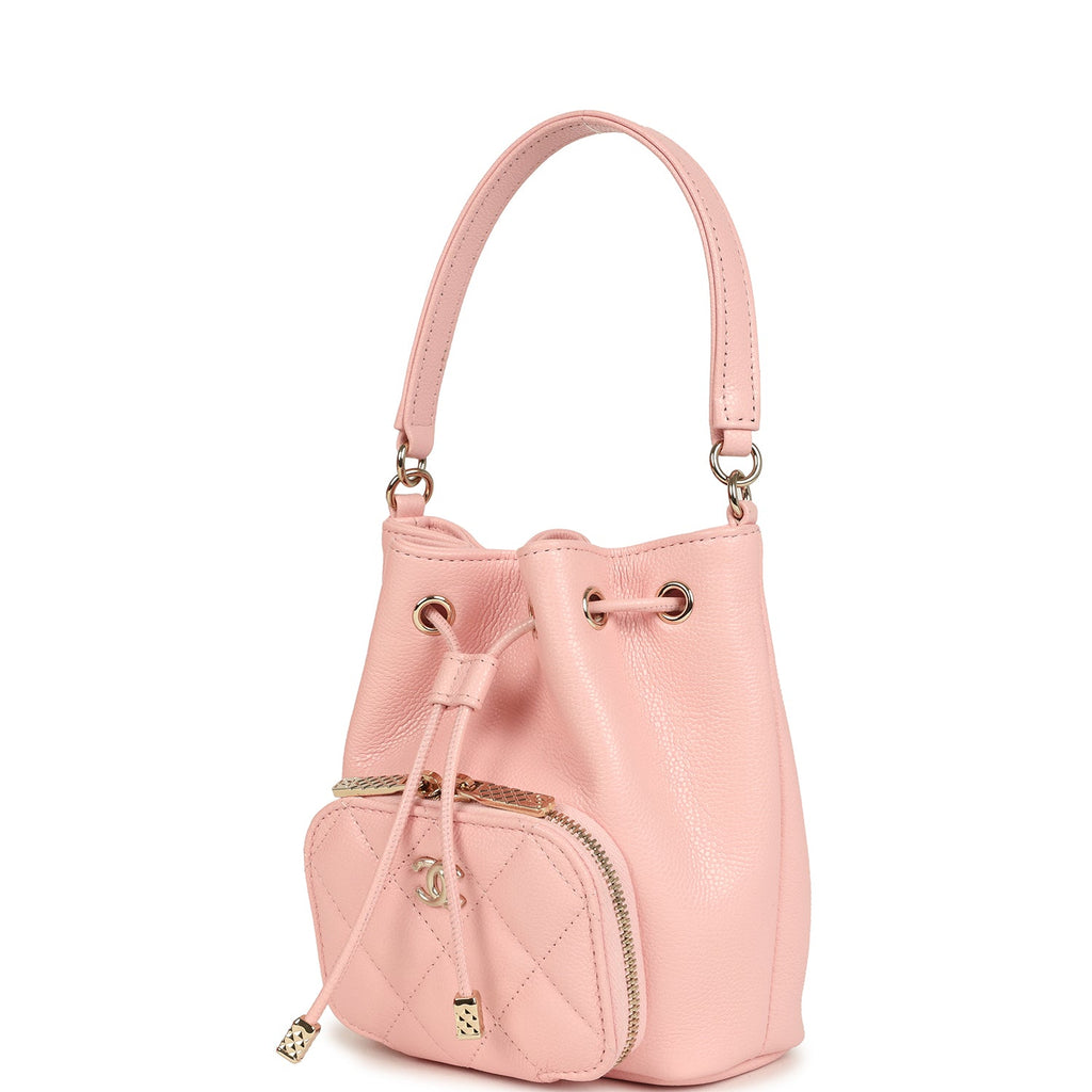 Chanel Mini Top Handle Bucket Bag with Chain Pink Shiny Caviar Light Gold Hardware - Image 6