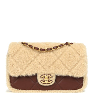 Chanel Medium Shearling Flap Bag Dark Brown Lambskin and Beige Shearling Brushed Gold Hardware