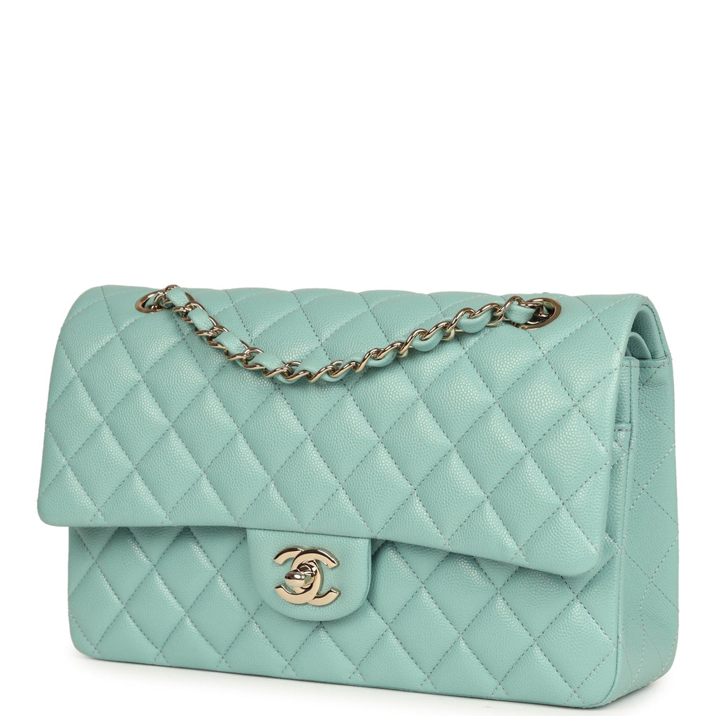 Pre-owned Chanel Medium Classic Double Flap Bag Light Blue Caviar Silver Hardware - Image 6