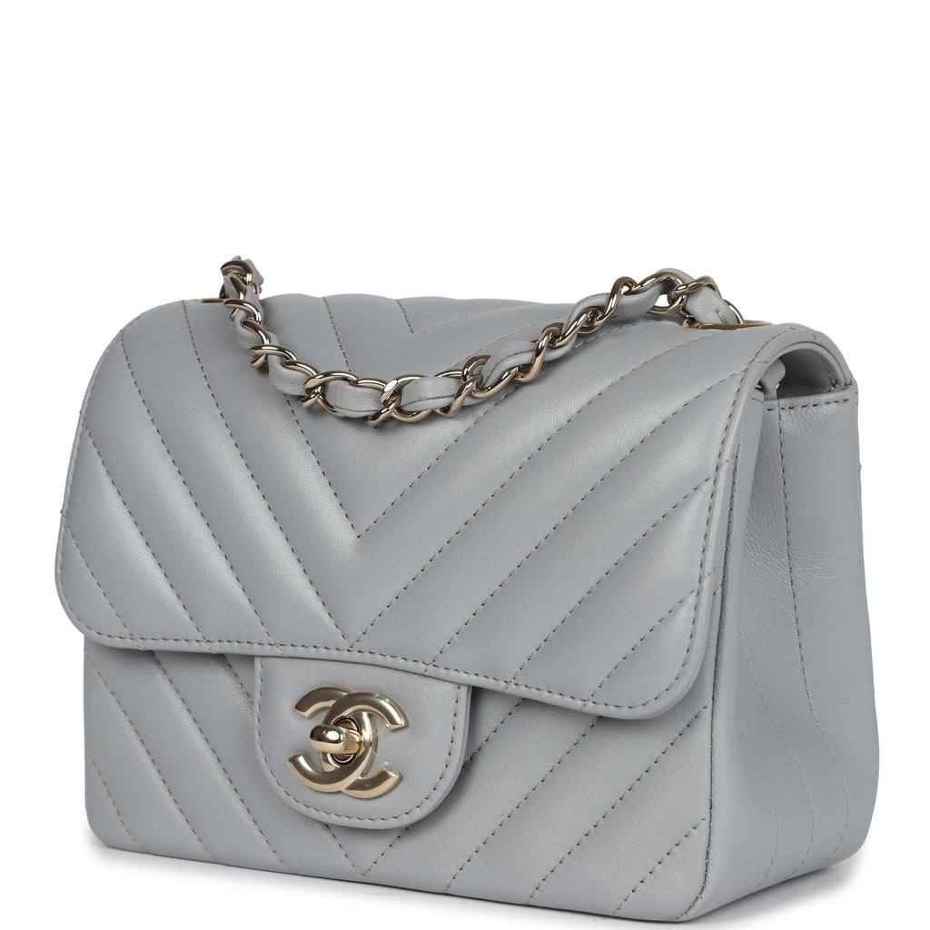 Chanel Mini Chevron Square Flap Bag Light Grey Lambskin Light Gold Hardware - Image 5