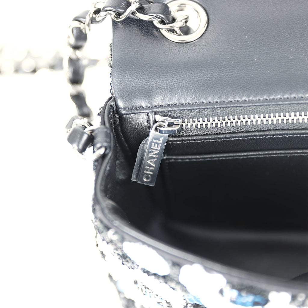 Chanel Mini Rectangular Flower Flap Bag Black, Navy and White Sequin Ruthenium Hardware - Image 11