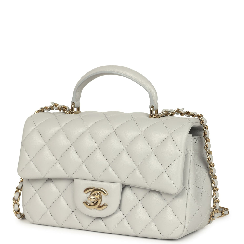 Chanel Mini Rectangular Flap Bag with Top Handle Light Grey Lambskin Light Gold Hardware - Image 6