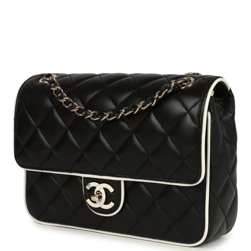 Chanel Small Graphic Frame Flap Bag Black and White Lambskin Light Gold Hardware - Image 6