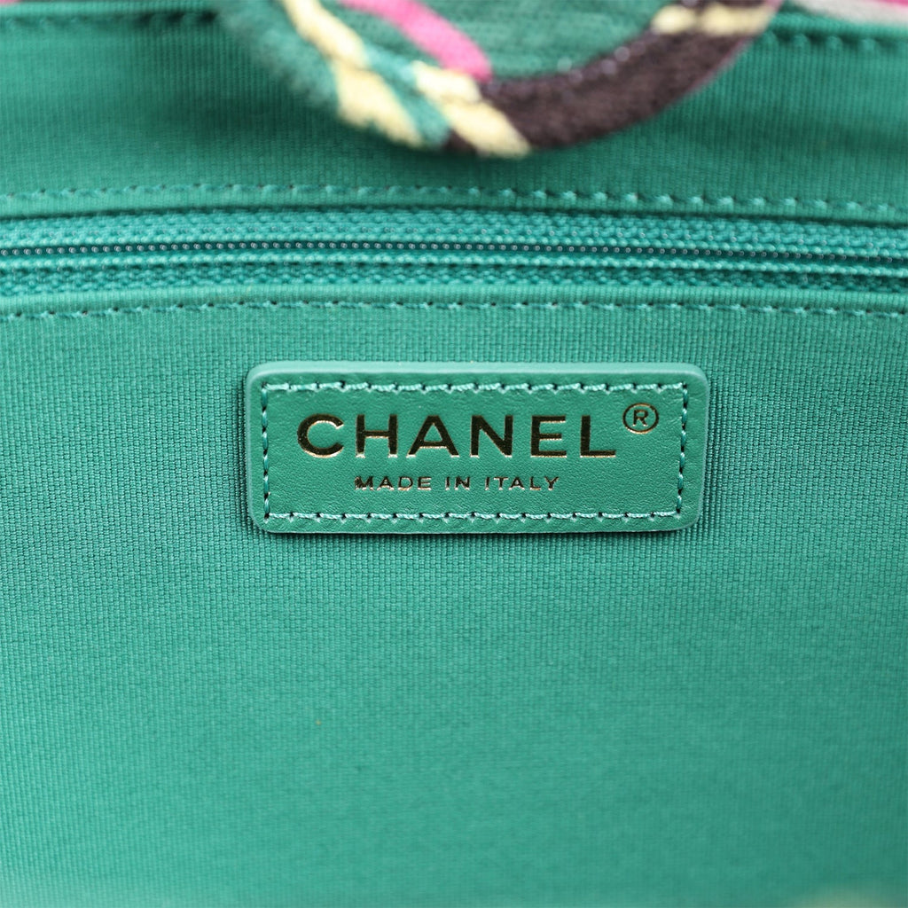 Chanel Small Deauville Shopping Tote Green and Pink Tropical Floral Velvet Light Gold Hardware - Image 11