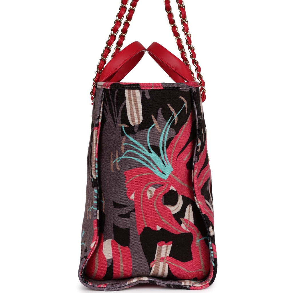 Chanel Medium Deauville Shopping Tote Grey and Pink Tropical Floral Velvet Light Gold Hardware - Image 5