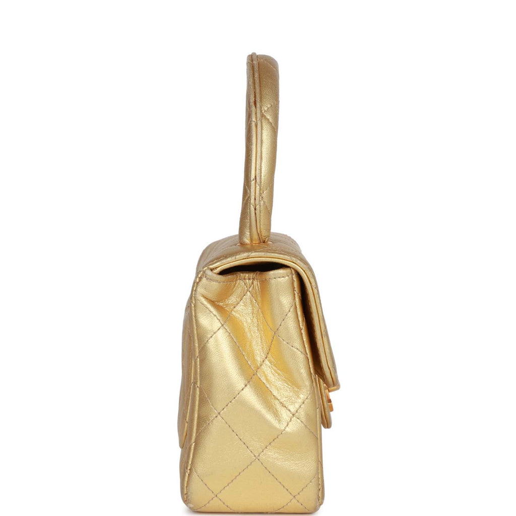 Vintage Chanel Mini Top Handle Kelly Child Flap Bag Gold Metallic Lambskin Gold Hardware - Image 4