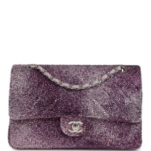 Custom Swarovski Crystal Vintage Chanel Medium Classic Double Flap Purple Lambskin Silver Hardware