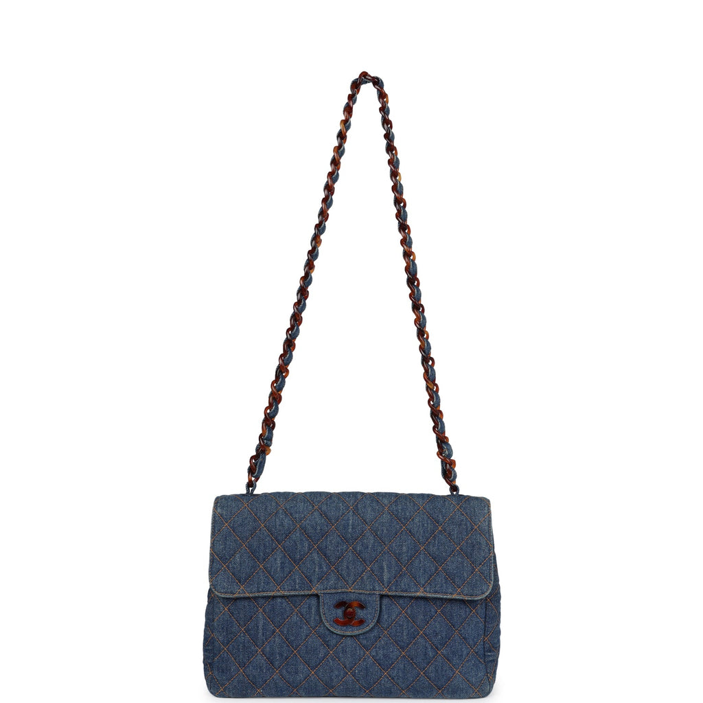 Vintage Chanel Jumbo Classic Single Flap Bag Blue Denim Tortoiseshell Bakelite Hardware - Image 8