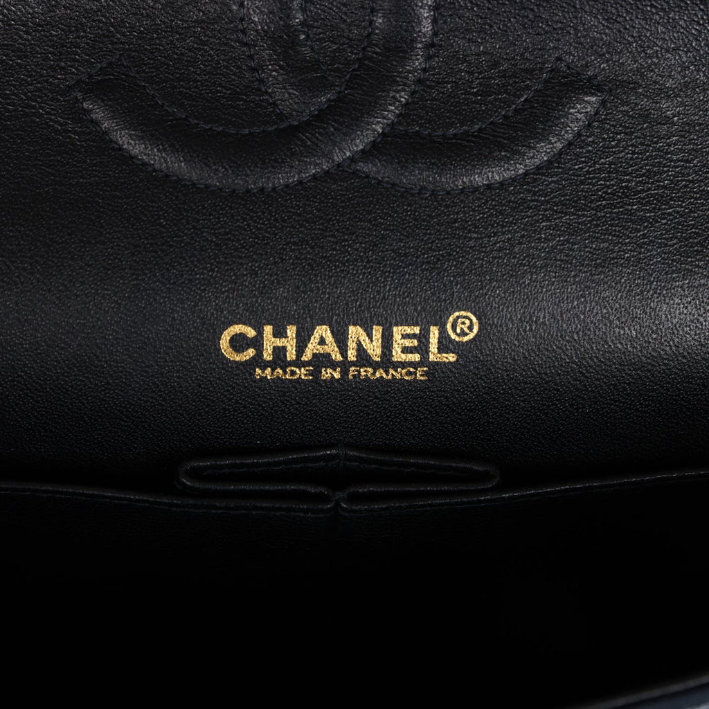 Vintage Chanel Medium Icon Print Double Flap Bag Navy Canvas Brushed Gold Hardware - Image 9