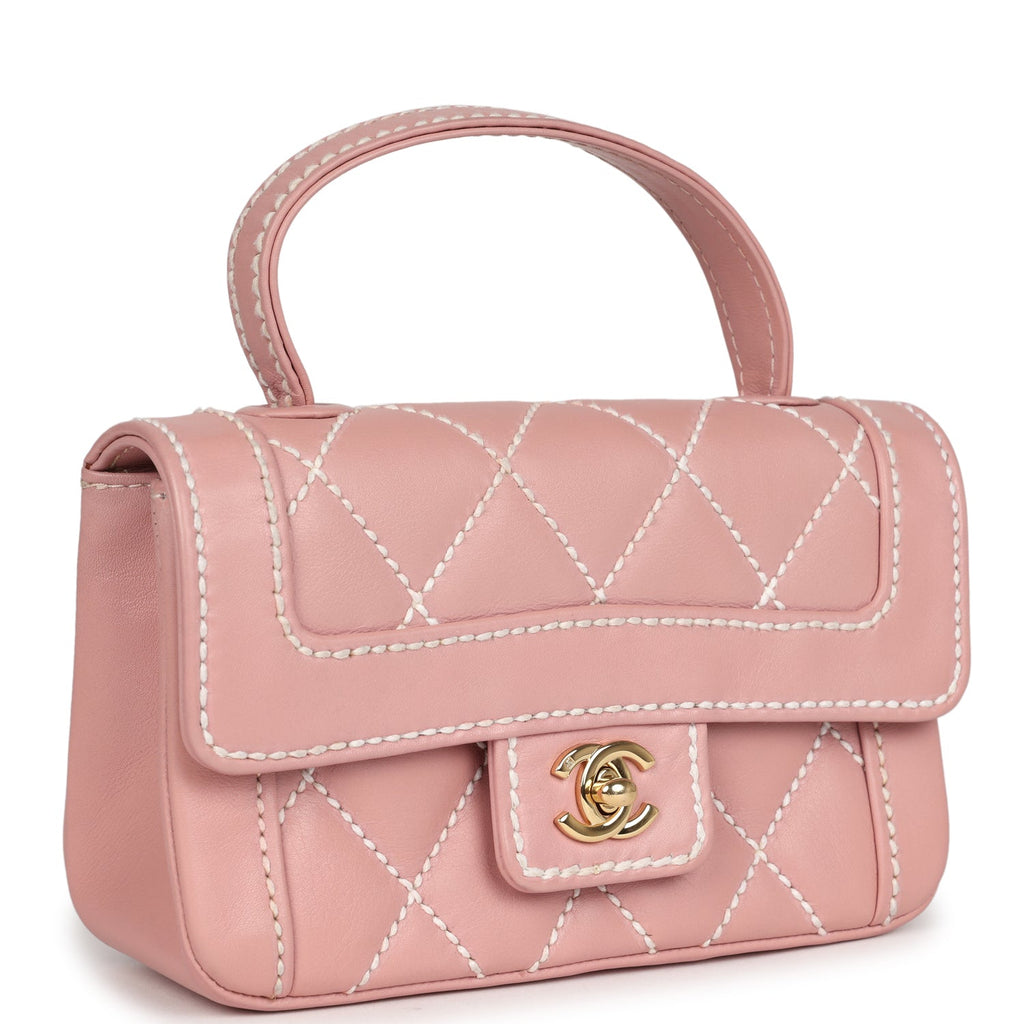 Vintage Chanel Mini Wild Stitch Surpique Top Handle Flap Bag Pink Calfskin Gold Hardware - Image 3