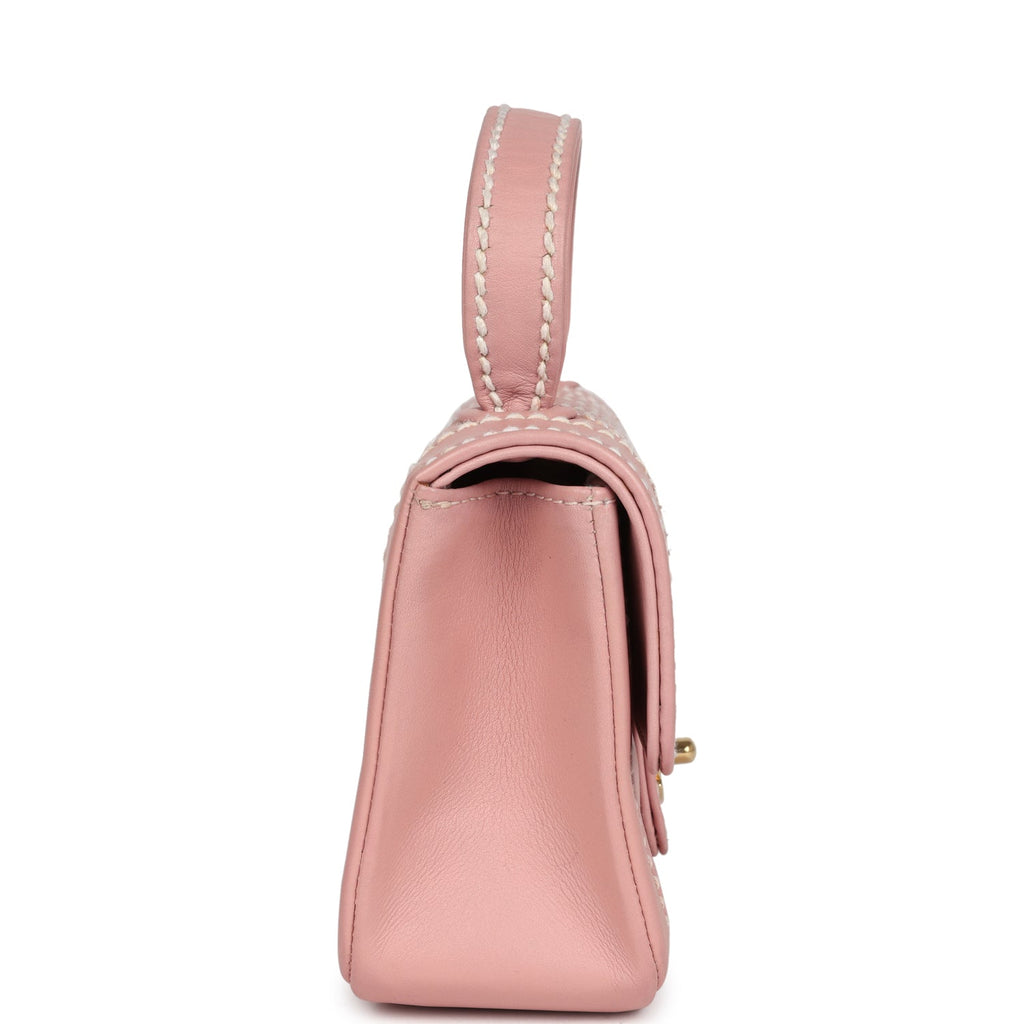 Vintage Chanel Mini Wild Stitch Surpique Top Handle Flap Bag Pink Calfskin Gold Hardware - Image 4