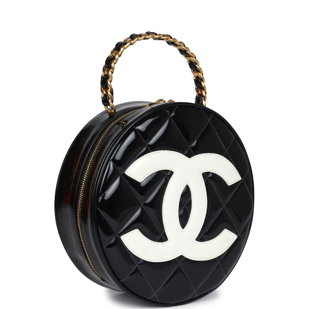 Vintage Chanel Round Vanity Bag Black and White Patent Leather Antique Gold Hardware - Image 3