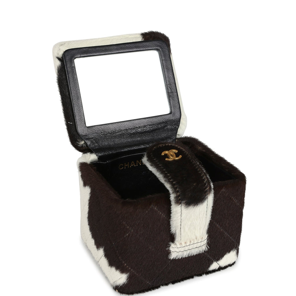 Vintage Chanel Square Vanity Box Brown and White Cow Print Pony Hair Antique Gold Hardware - Image 10