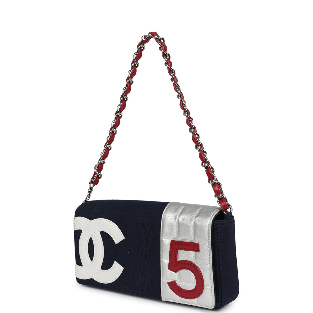 Vintage Chanel N0.5 Chain Shoulder Bag Navy, Silver, Red Canvas Silver Hardware - Image 6