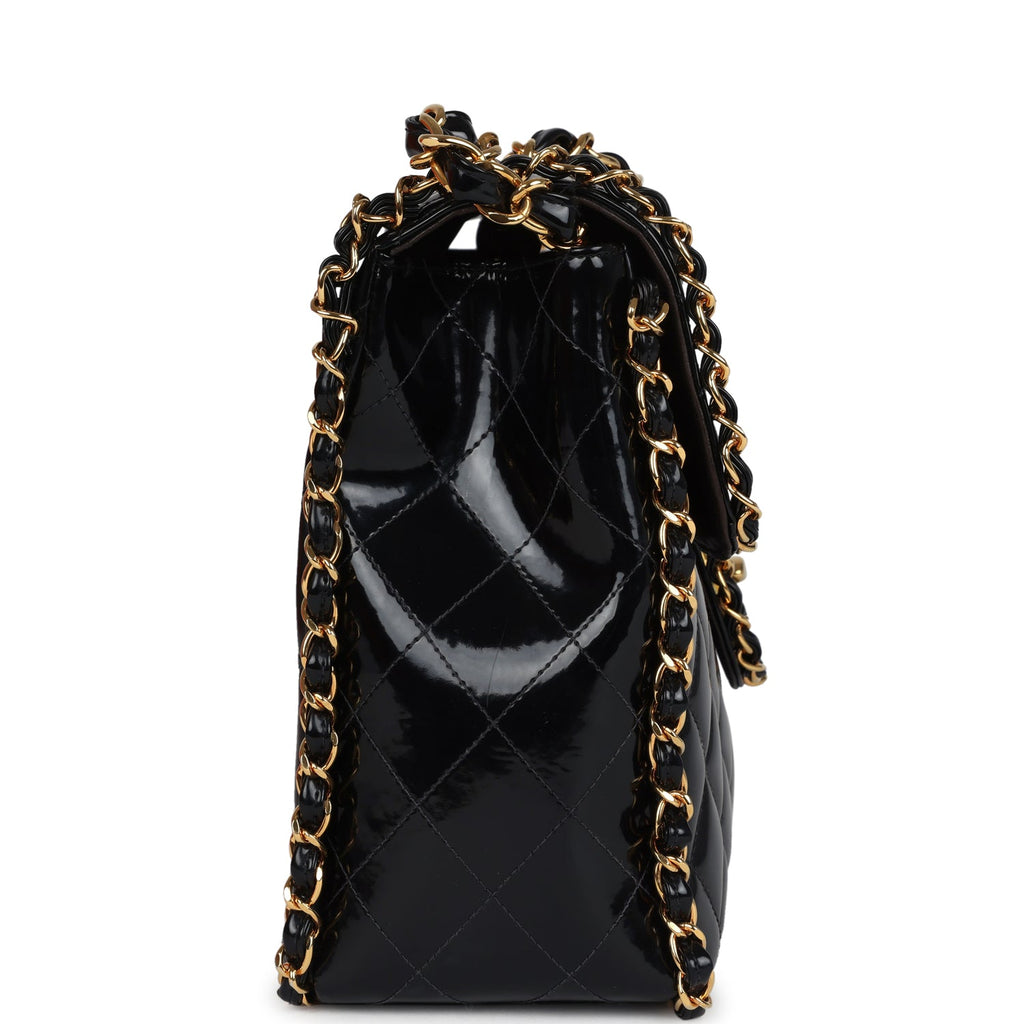 Vintage Chanel Maxi Classic Chain Around Single Flap Bag Black Patent Gold Hardware - Image 4