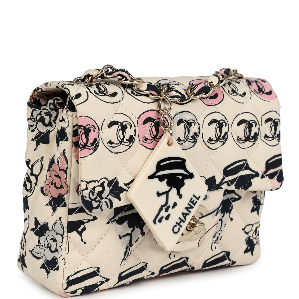 Vintage Chanel Mini Logo Square Flap Bag Light Pink Multi Printed Nylon Light Gold Hardware - Image 3
