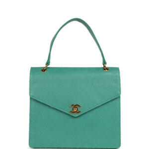 Vintage Chanel Top Handle Envelope Flap Bag Turquoise Caviar Gold Hardware